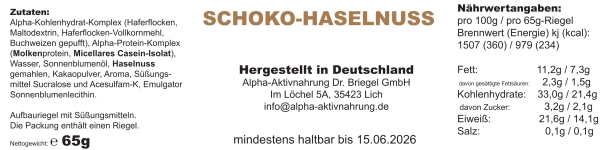 Alpha Massiv Riegel Mahlzeitenersatz Etikett Schoko-Haselnuss